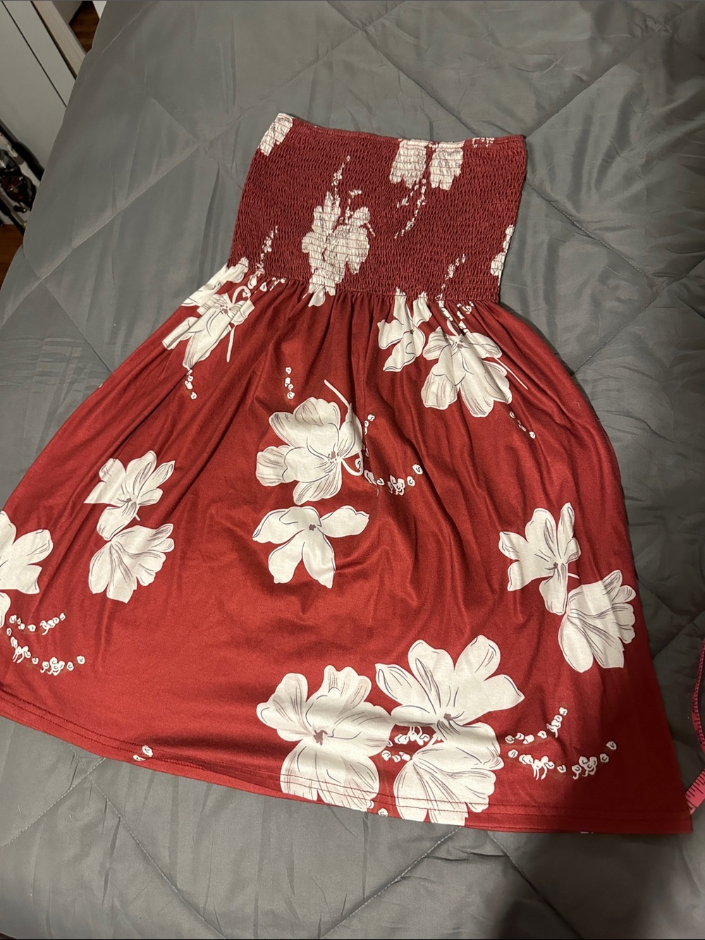 Strapless Red Floral Summer Dress with Smocked Bodice